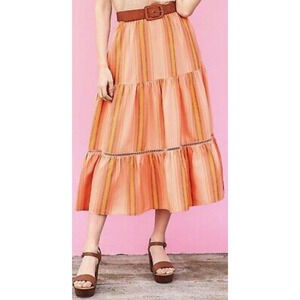 Matilda Jane Women's Medium Apricot Tree Striped Spring Tiered Midi Skirt